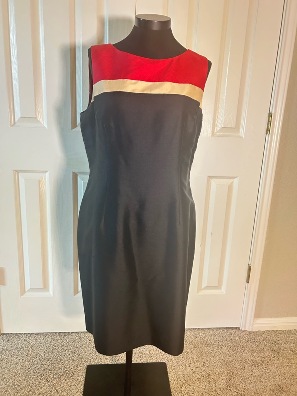 Talbots Black Vintage Midi Dress with Red and Cream Yoke